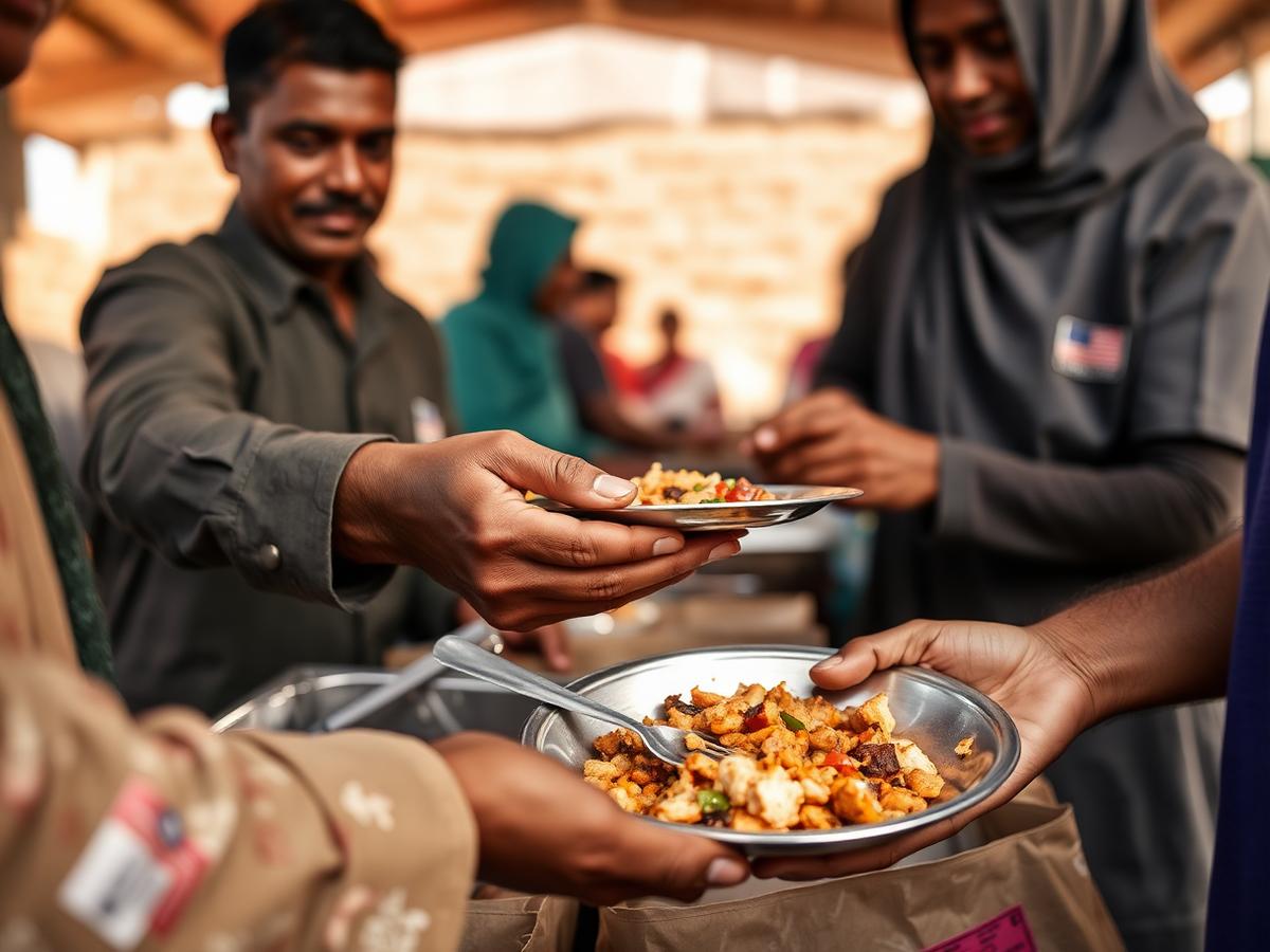 Volunteers serving a plate of hot food